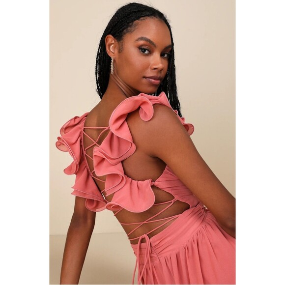 New LULUS Women's (L) Soiree Celebration Rusty Rose Ruffled Lace-Up Maxi Dress - Picture 12 of 15